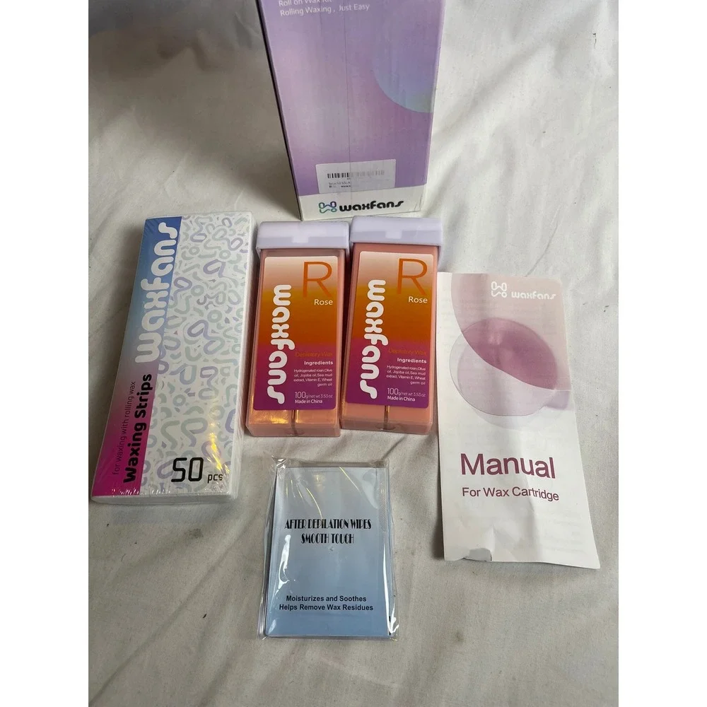 Waxfans Roll on Wax Kit Rose Depilatory Wax 2 Cartridges 50 Strips Aftercare Wip